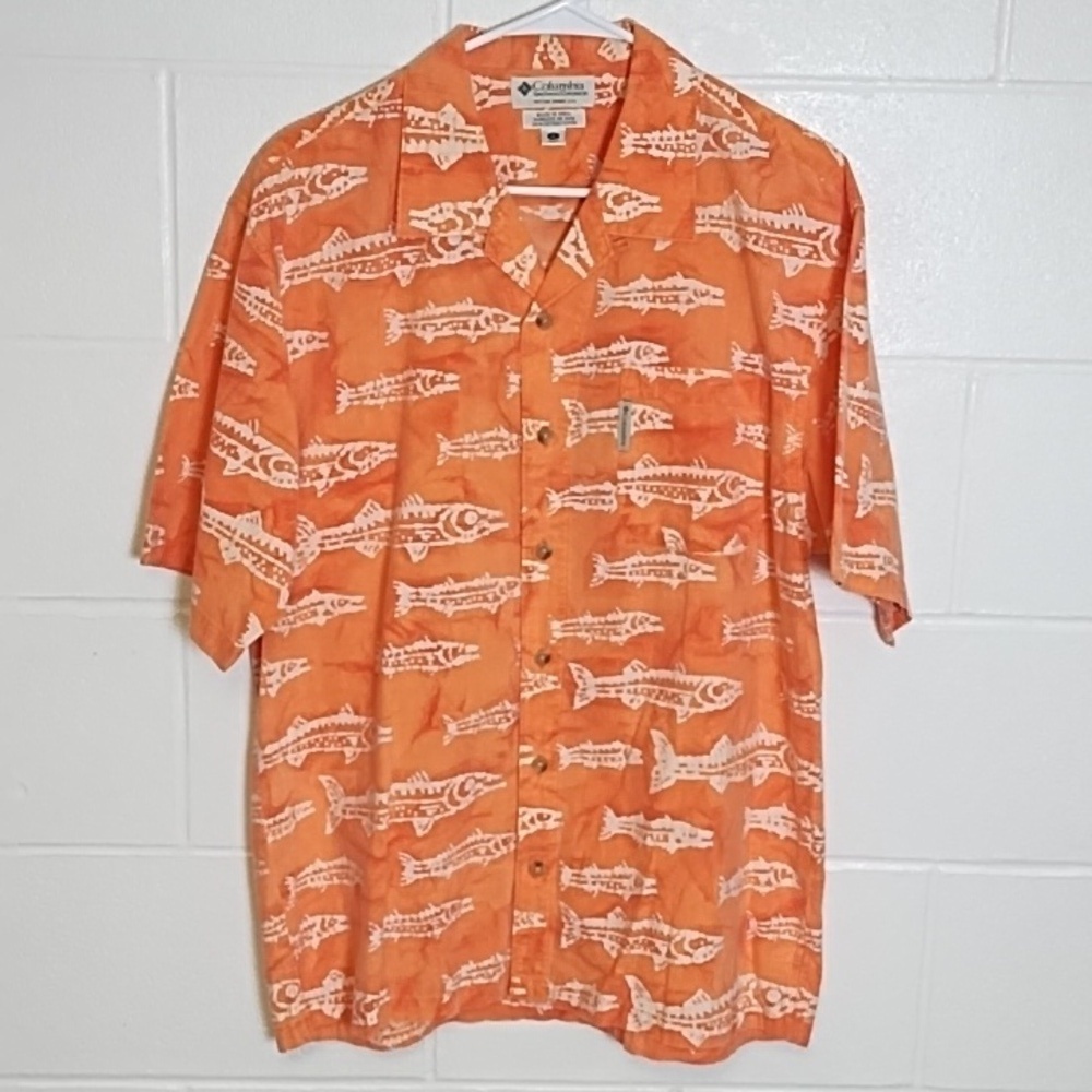 Oversized Beach Bum Fish Skeleton Washed Orange 100% Cotton Button Down Shirt